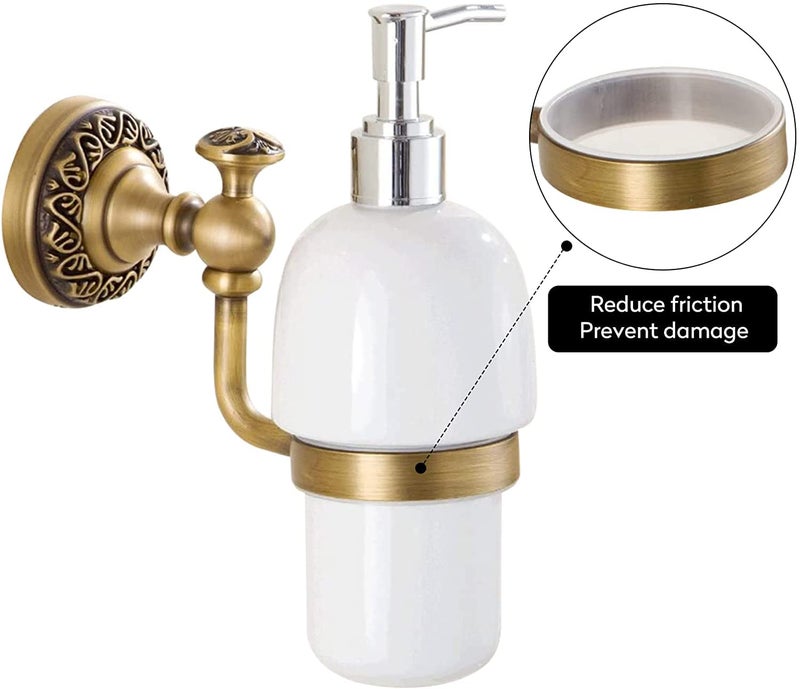 Leyden Antique Brass Soap Dispenser,Wall Mount Hand Soap Pump Bathroom Liquid Holder Lotion Bottles Vintage Dish Ceramics Removable for Kitchen Sink Countertop - Image 4